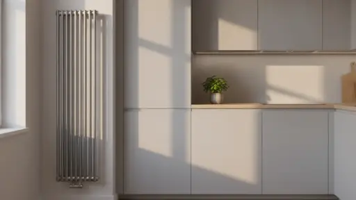 Modern kitchen with sleek cabinetry, vertical radiator, and potted plant on countertop in natural light