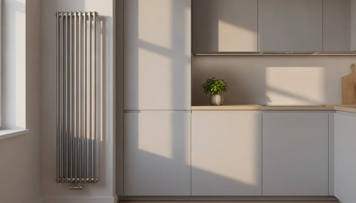 Modern kitchen with sleek cabinetry, vertical radiator, and potted plant on countertop in natural light
