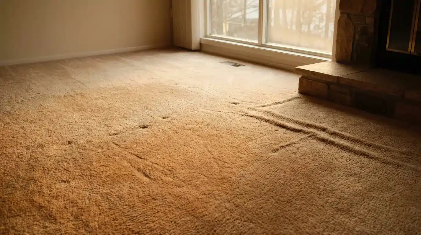 Beige carpeted living room floor with sunlight streaming through large window and stone fireplace