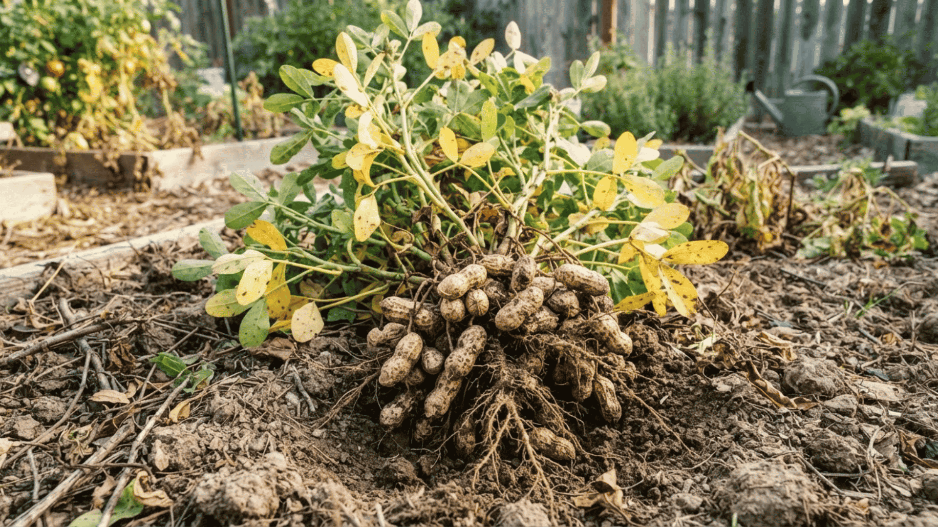 mature peanut plant with filled pods attached near the roots and yellowing foliage ready for harvest