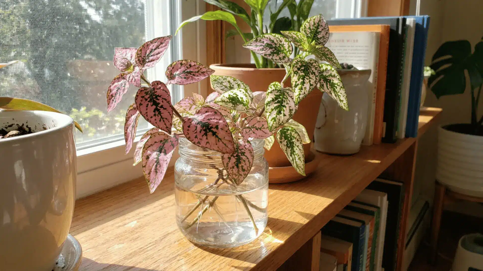 pink and green polka dot plant cuttings growing fine roots in a glass jar of water on a sunny wooden shelf