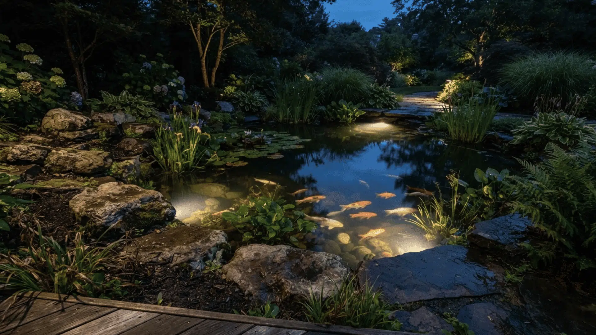 low voltage pond lights softly revealing fish rocks plants and the water edge after sunset