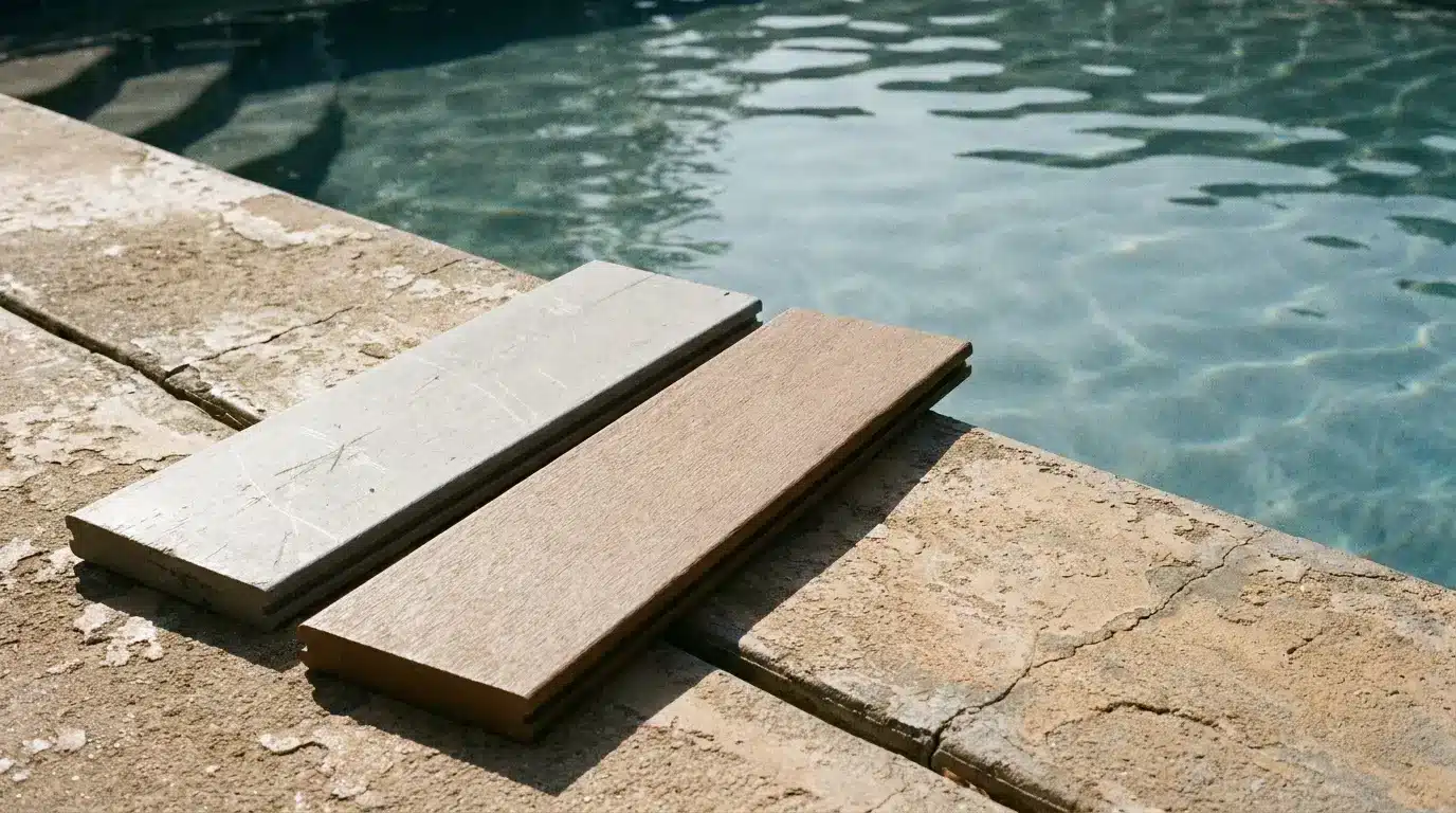 Two wooden decking samples on sunlit stone surface by a swimming pool edge