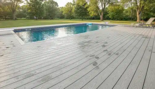 Swimming pool with wooden deck and lounge chairs in sunny backyard setting