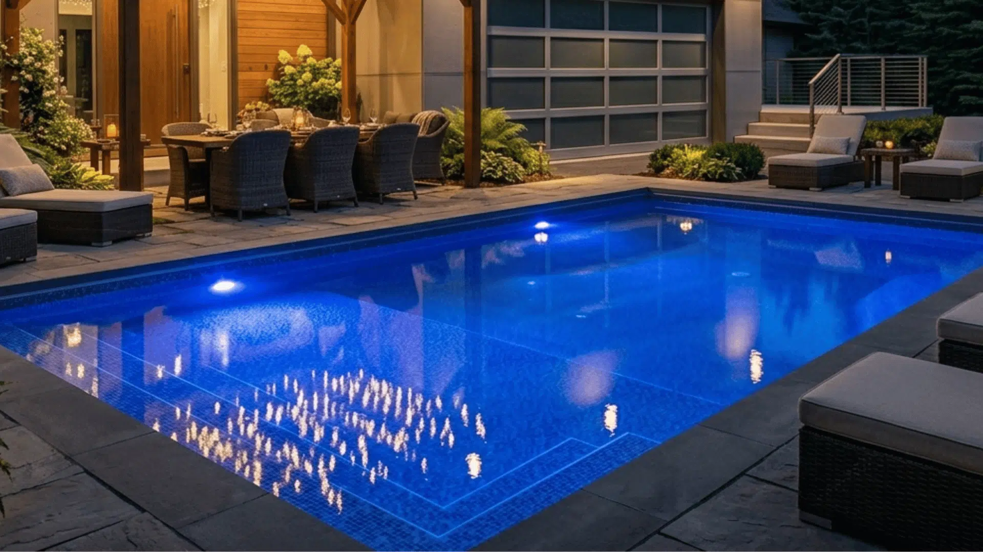 sealed underwater pool lights creating clear deep blue illumination across a backyard pool