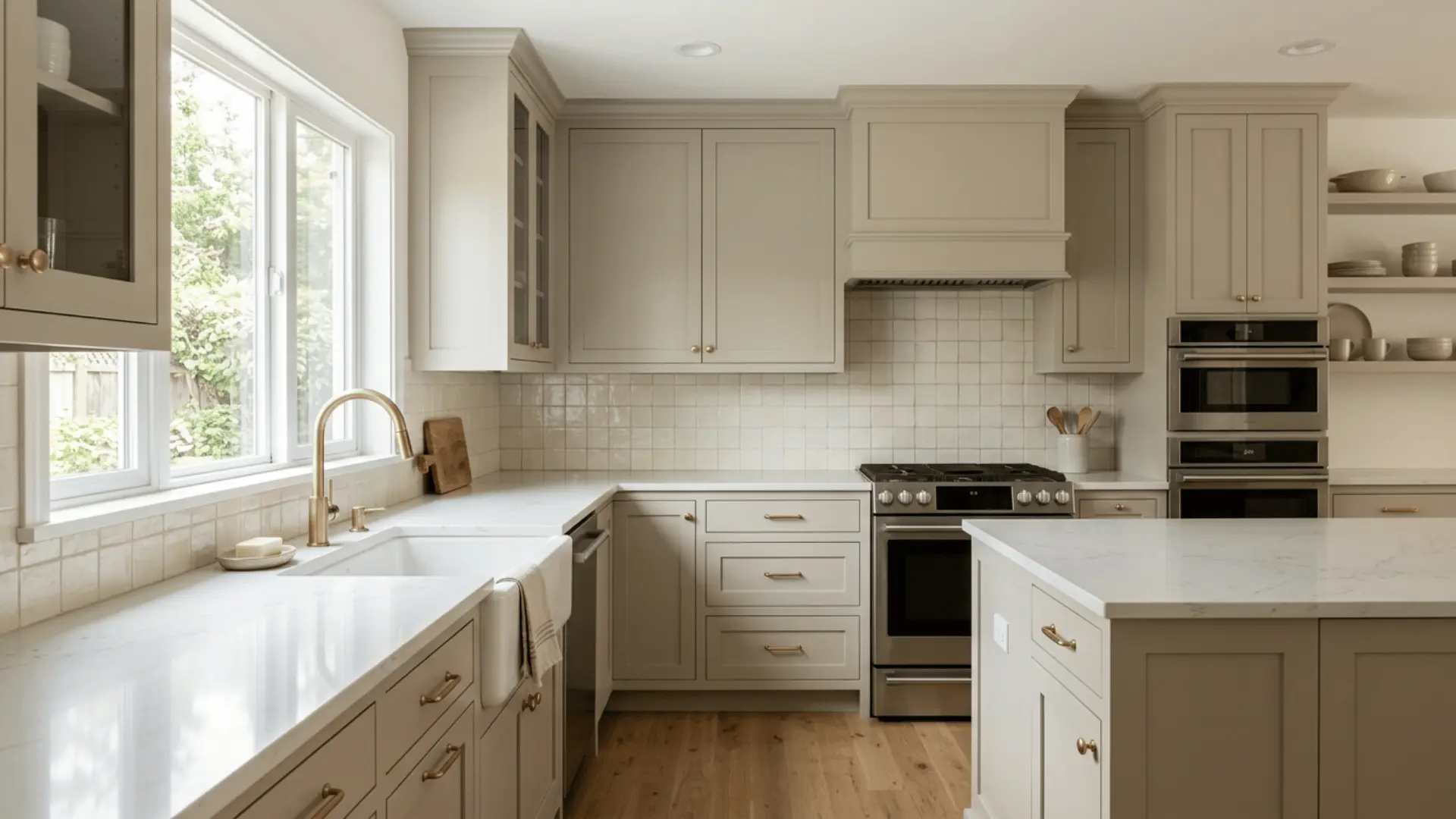 bright neutral kitchen with gray cabinets white counters brass fixtures tiled backsplash stove and large island
