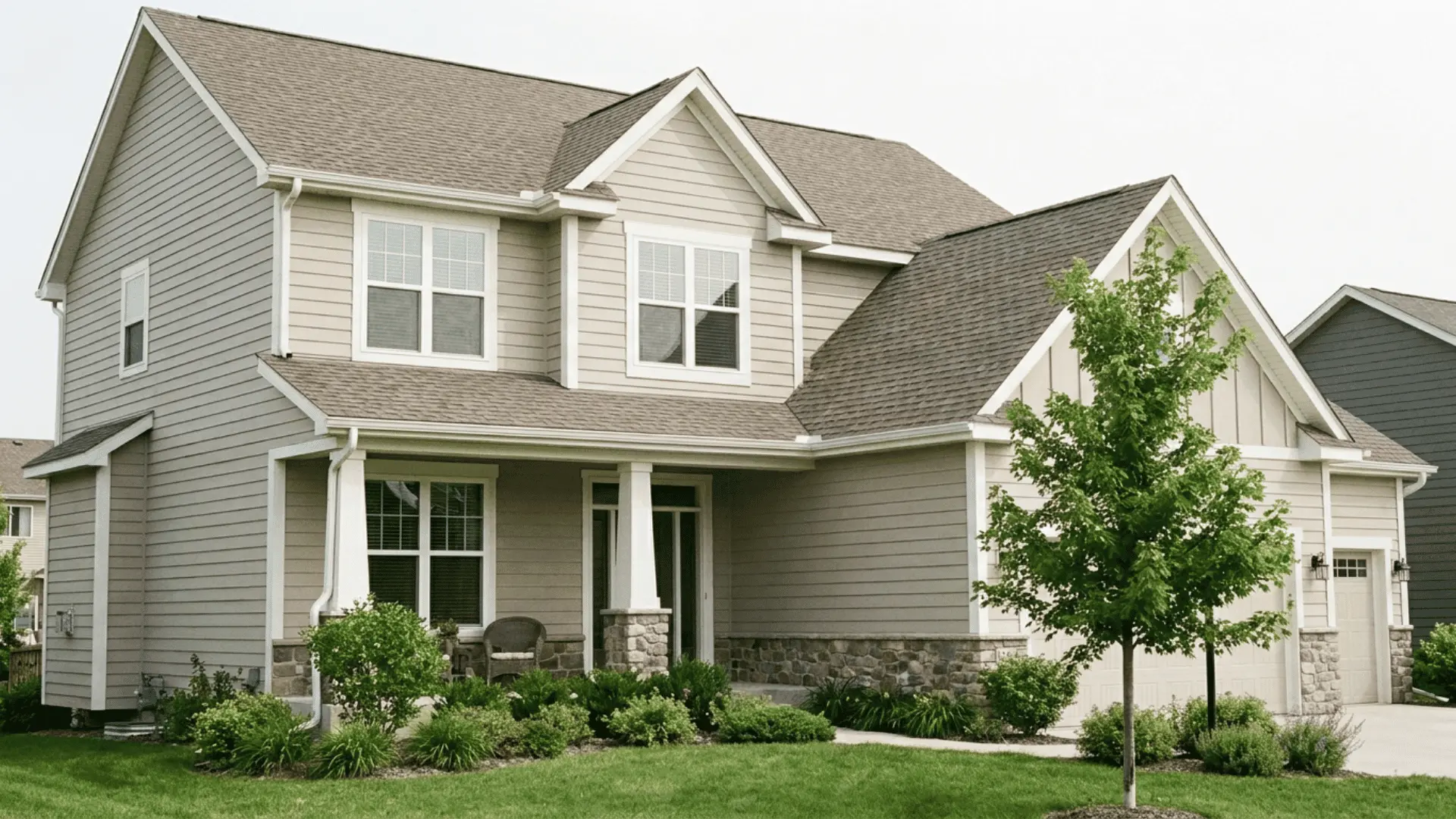 two story gray suburban house with white trim stone accents front porch attached garage lawn and young tree