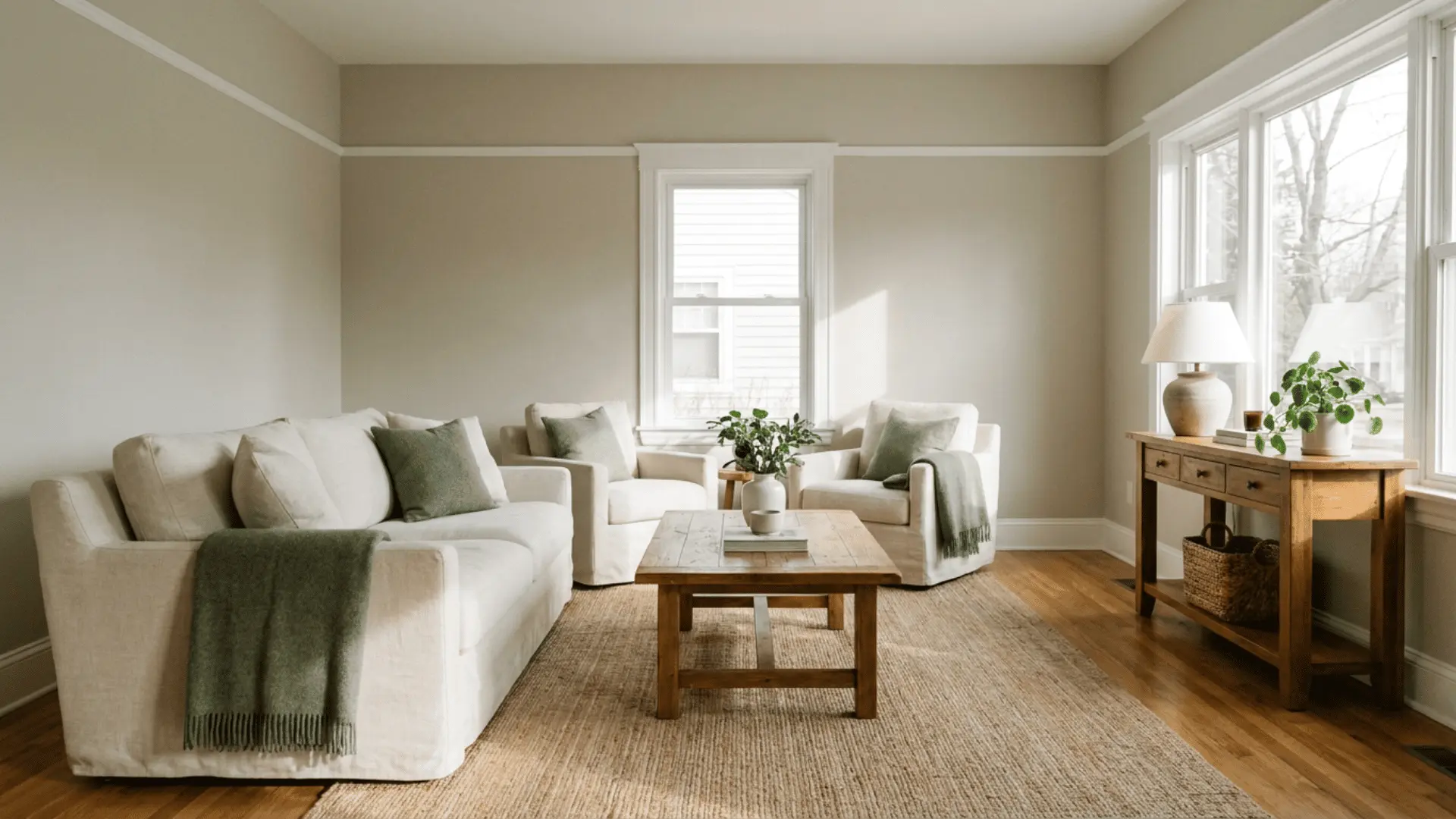 sunlit living room with cream sofa two armchairs wooden tables green accents large windows and a woven rug
