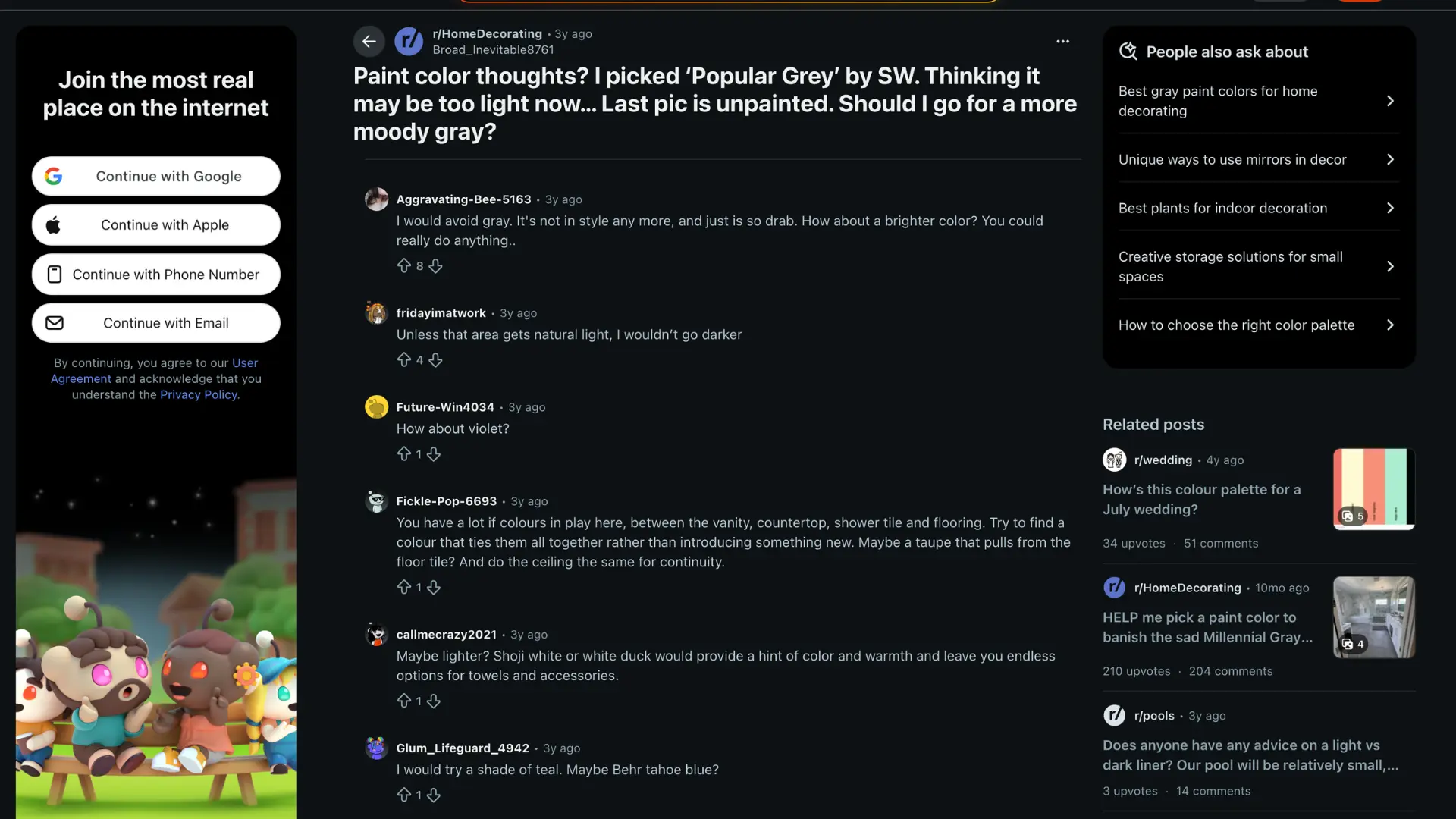 reddit discussion about choosing a gray paint color with comments and related home decorating posts on a dark screen