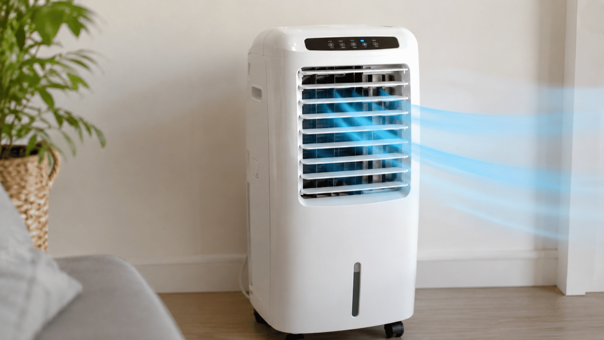 portable evaporative cooler running in a living room to provide a stream of cooler air indoors