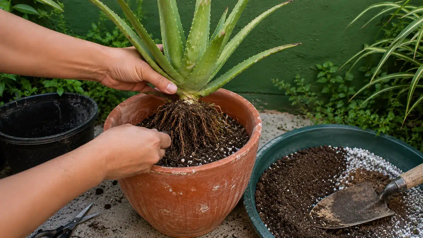 hands positioning an aloe vera plant with exposed roots in a weathered terracotta pot
