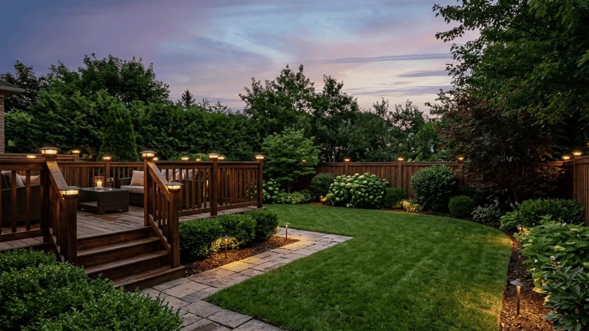 post cap lights glowing on fence and deck posts around a large landscaped backyard at dusk