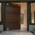 Contemporary wooden pivot door ajar in a modern home entrance with surrounding greenery