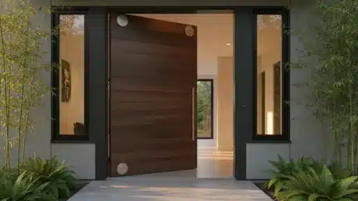 Contemporary wooden pivot door ajar in a modern home entrance with surrounding greenery