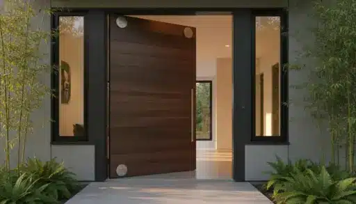 Contemporary wooden pivot door ajar in a modern home entrance with surrounding greenery