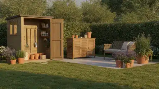 Garden with wooden shed and bench surrounded by potted plants and greenery