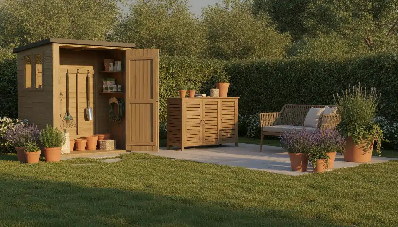 Garden with wooden shed and bench surrounded by potted plants and greenery