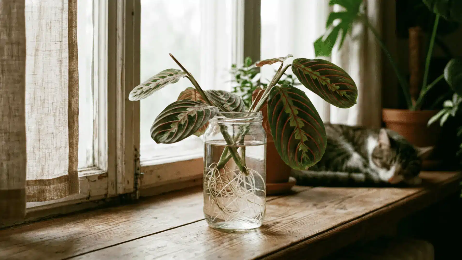prayer plant cuttings with red veined leaves and white roots in a glass jar beside a resting tabby cat