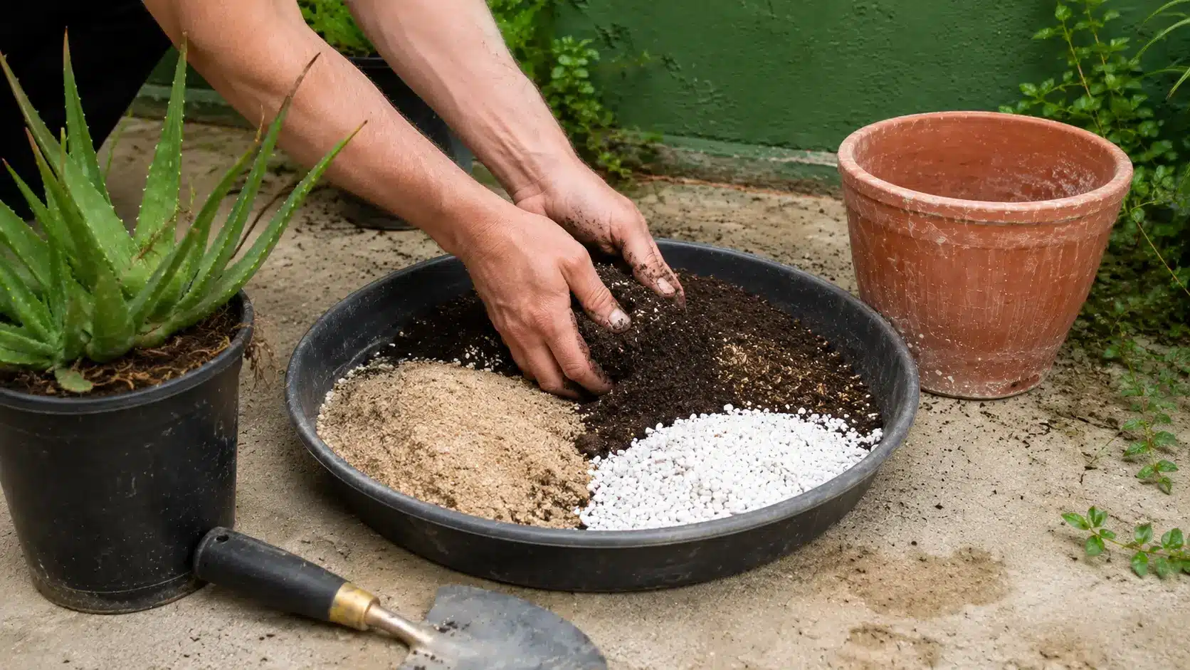 hands mixing potting soil coarse sand and perlite beside an aloe vera plant and terracotta pot