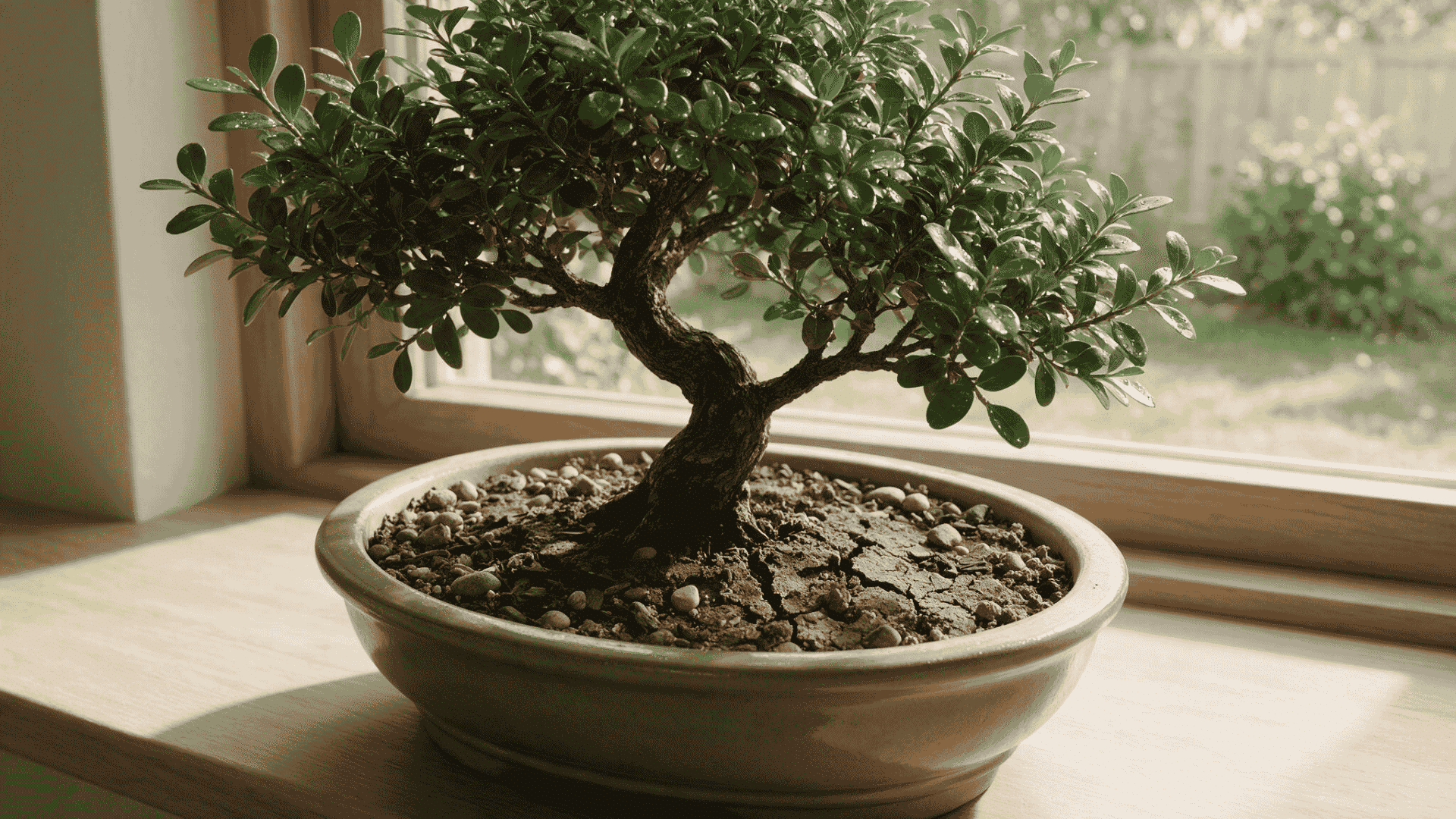 bonsai tree with dry soil and slight leaf stress near a sunny window