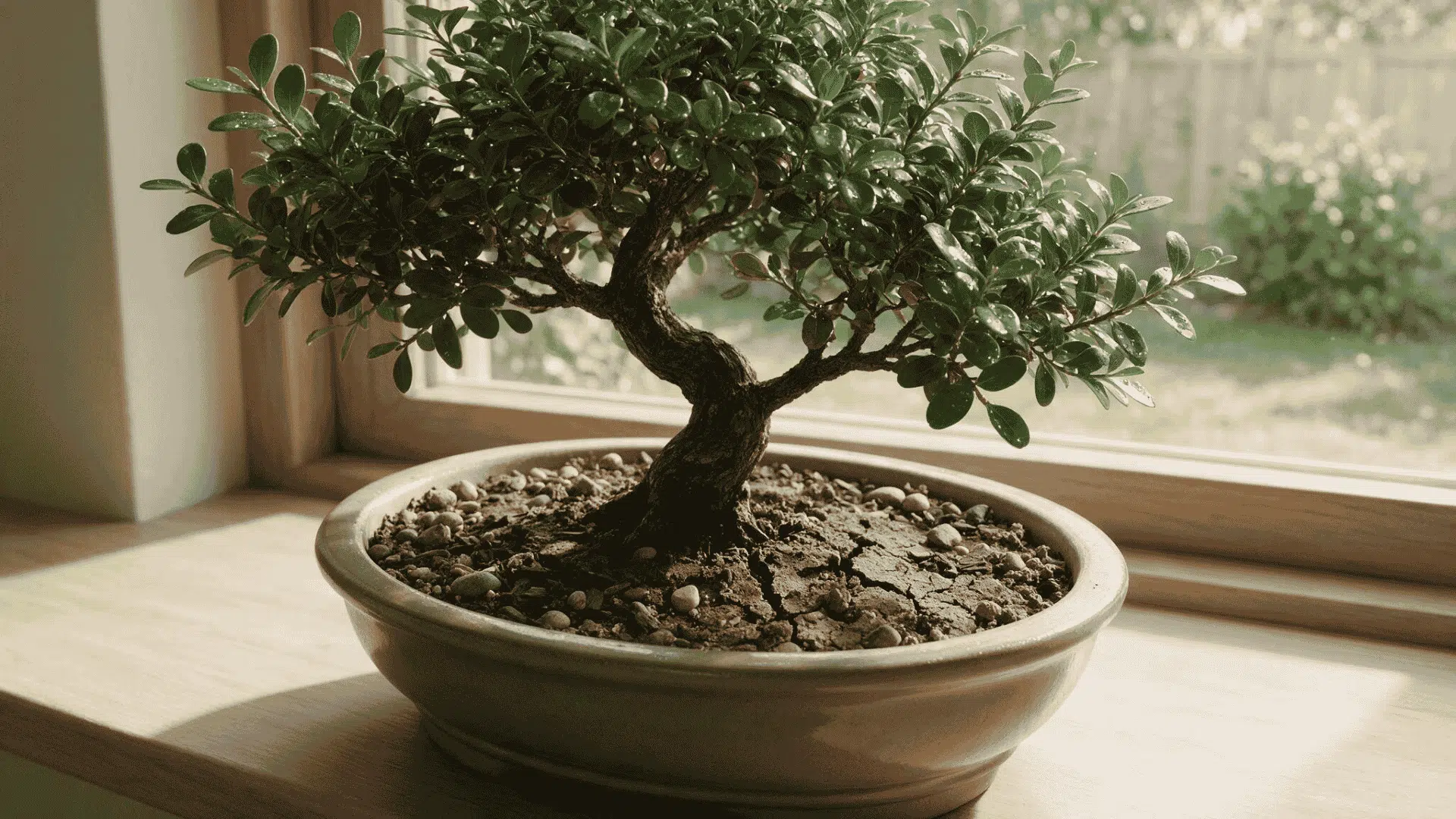 bonsai tree with dry soil and slight leaf stress near a sunny window