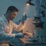 Scientist examining vial under microscope in dimly lit laboratory with analytical equipment
