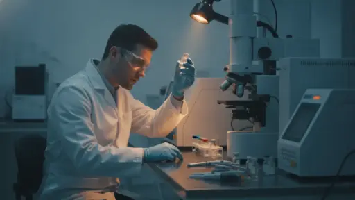 Scientist examining vial under microscope in dimly lit laboratory with analytical equipment