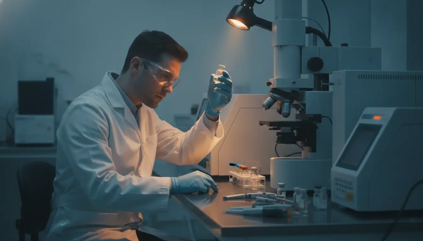 Scientist examining vial under microscope in dimly lit laboratory with analytical equipment
