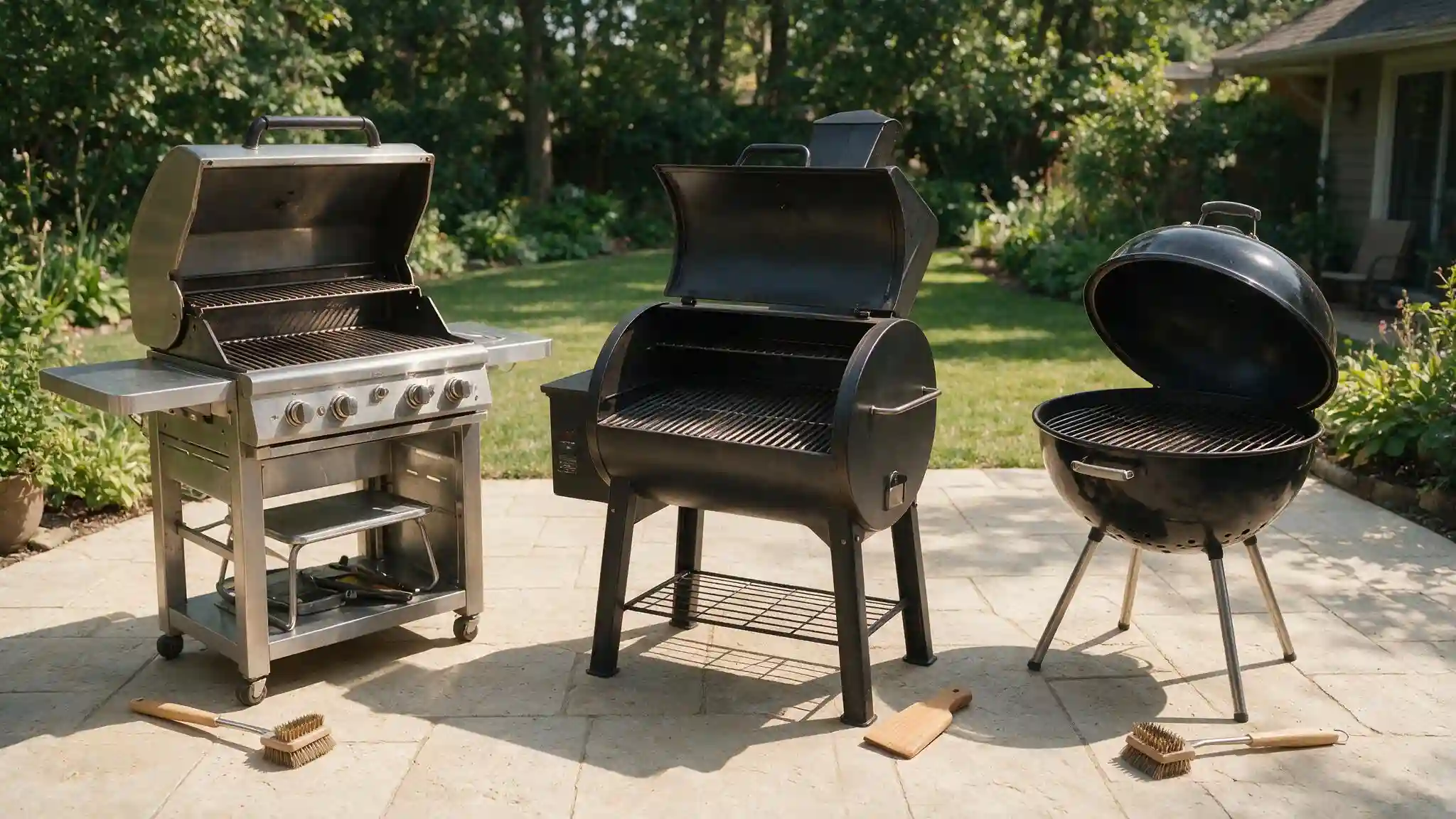 gas pellet and charcoal grills shown with suitable nonabrasive cleaning tools and dry grates