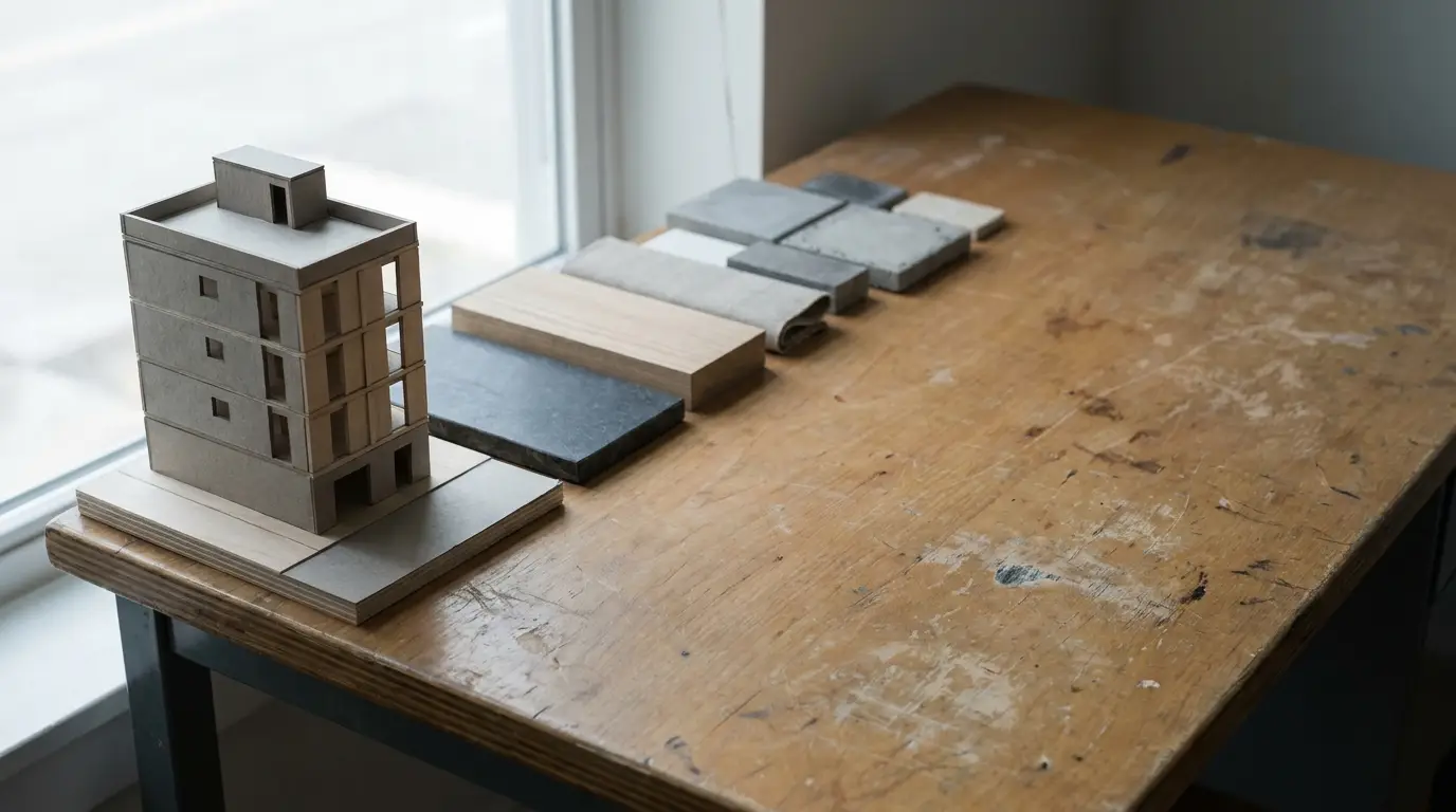 Architectural building model and material samples on a wooden table in natural light
