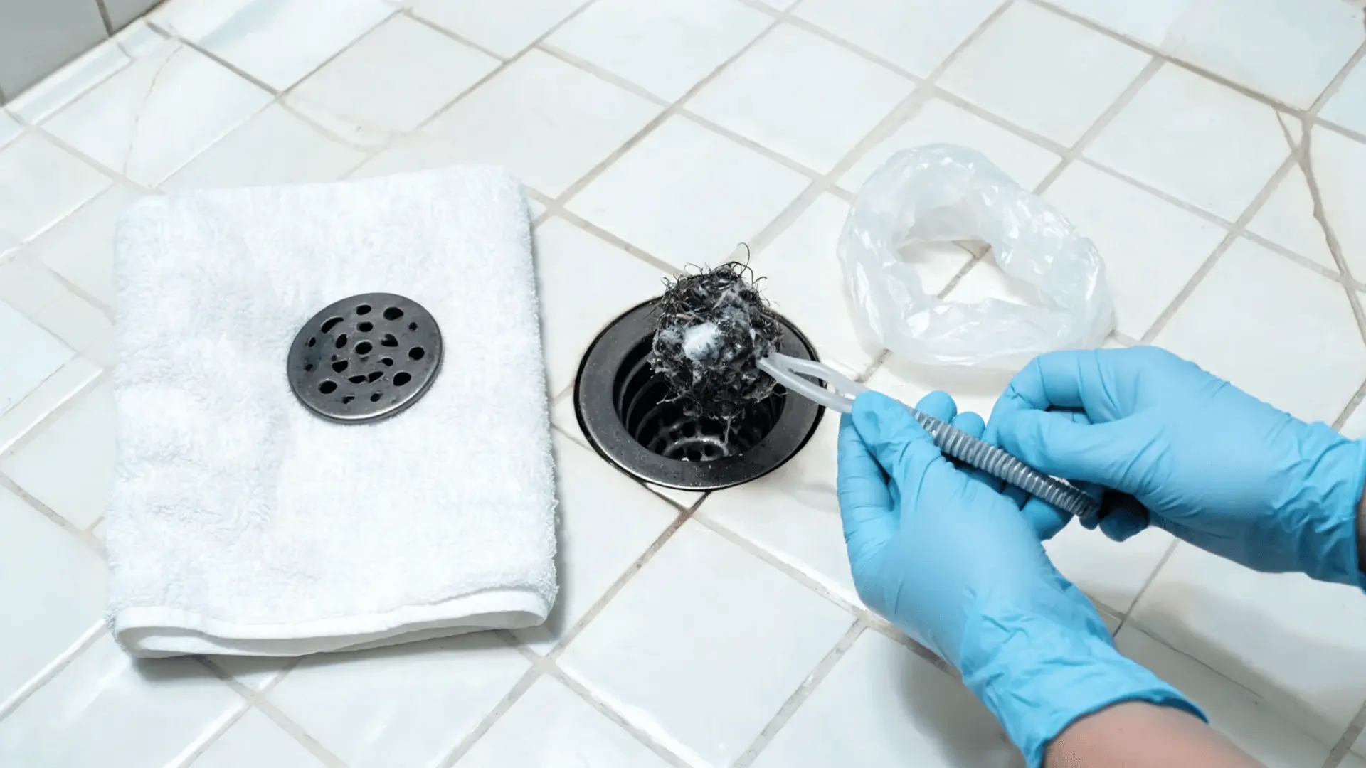 gloved hands pulling trapped hair and soap buildup from an open shower drain
