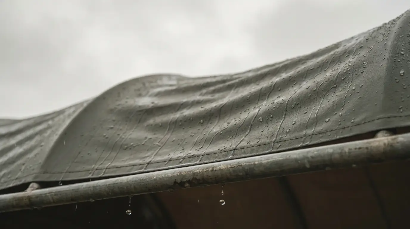 Rain droplets on curved gray fabric roof with metal frame under overcast sky