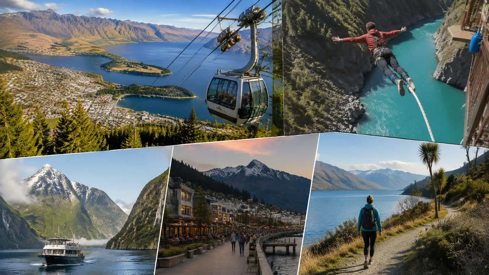 collage of queenstown, new zealand landscapes, a gondola, bungy jump, and hikers