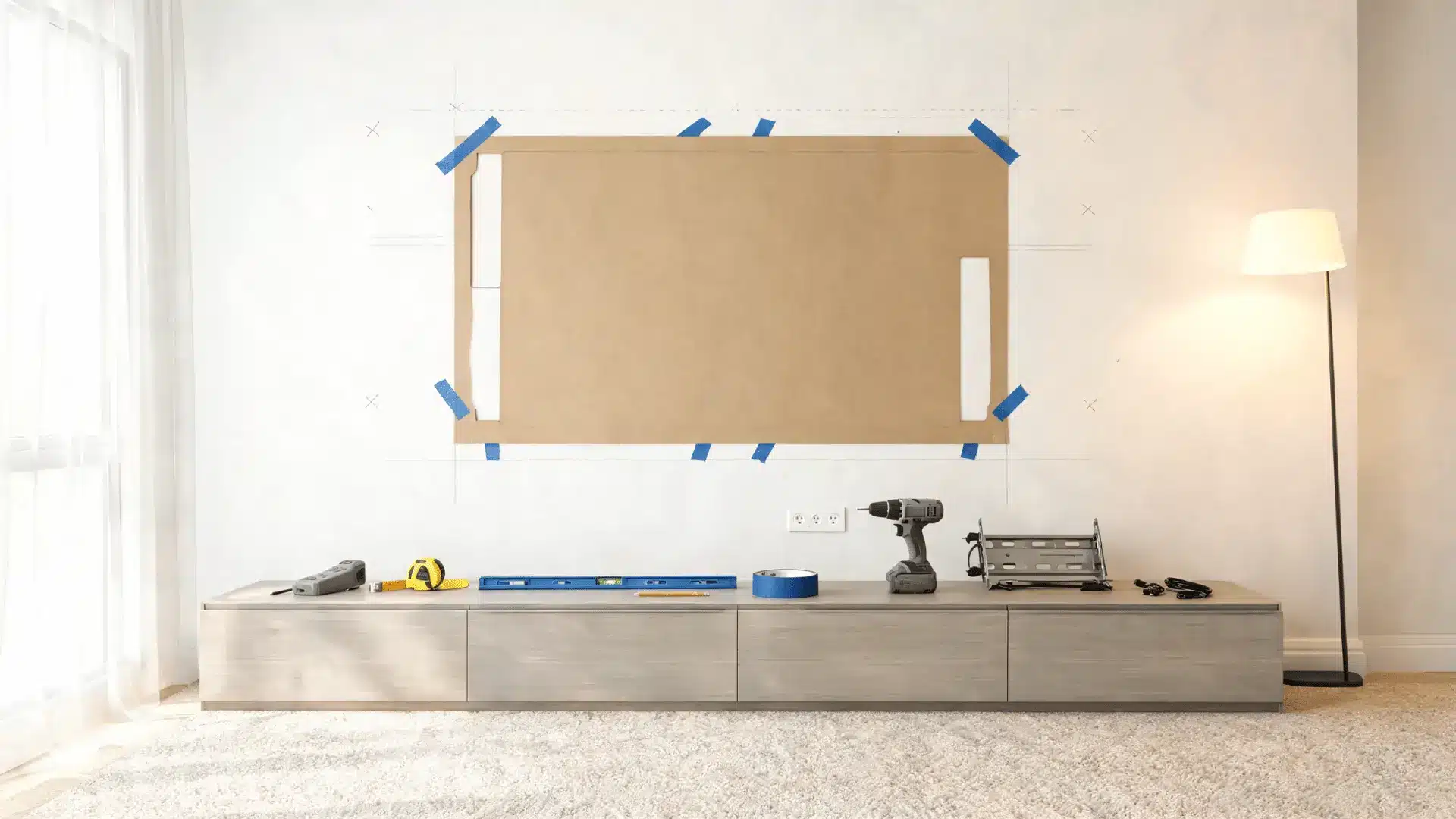 cardboard tv template taped above media console with mounting tools