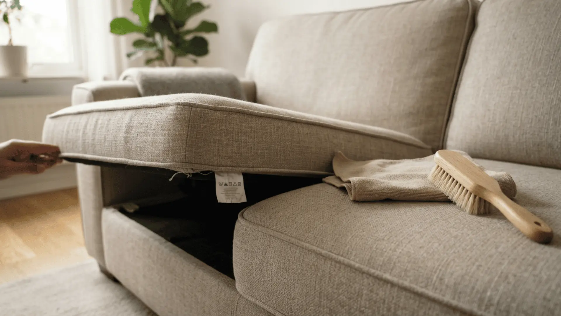 a hand lifts a beige sofa cushion while a wooden brush and cleaning cloth rest on the seat beside it