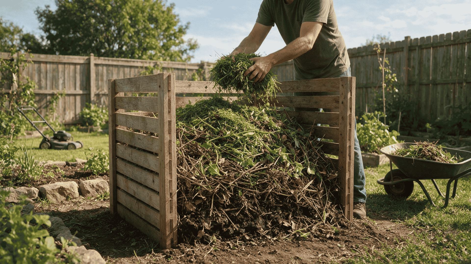 fresh grass clippings and green garden materials being added to a backyard compost pile