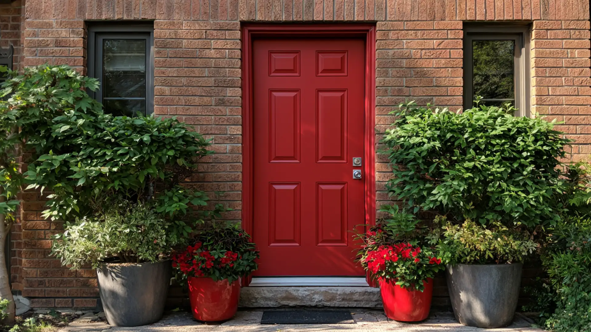 bold red front door with potted plants flanking entrance on brick house exterior