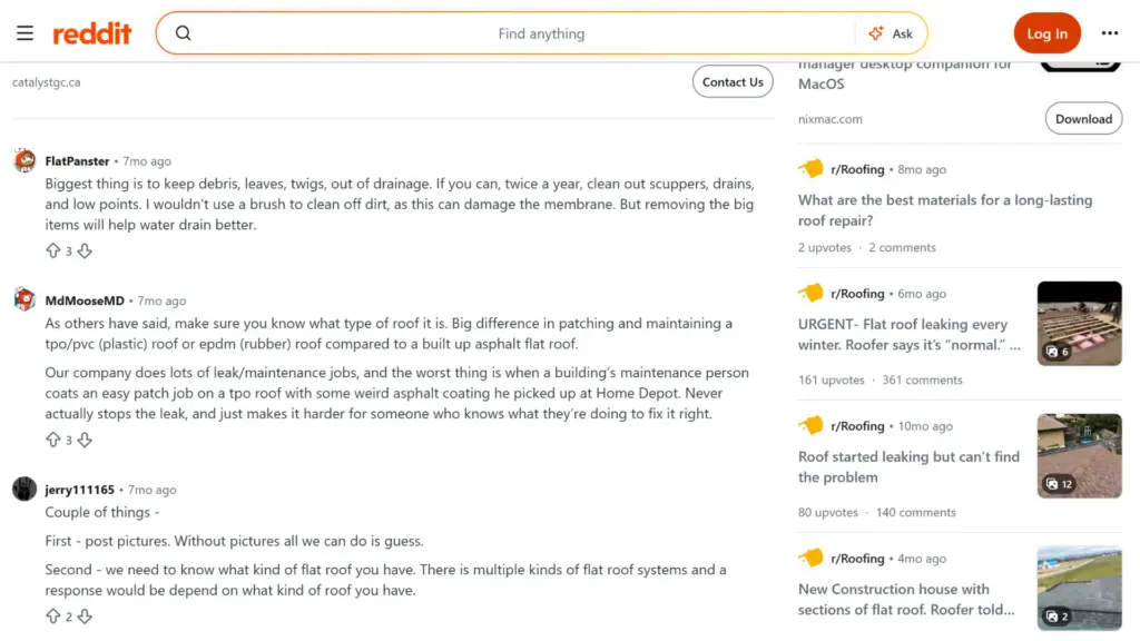 flat roof maintenance discussion showing community advice and roofing recommendations on reddit