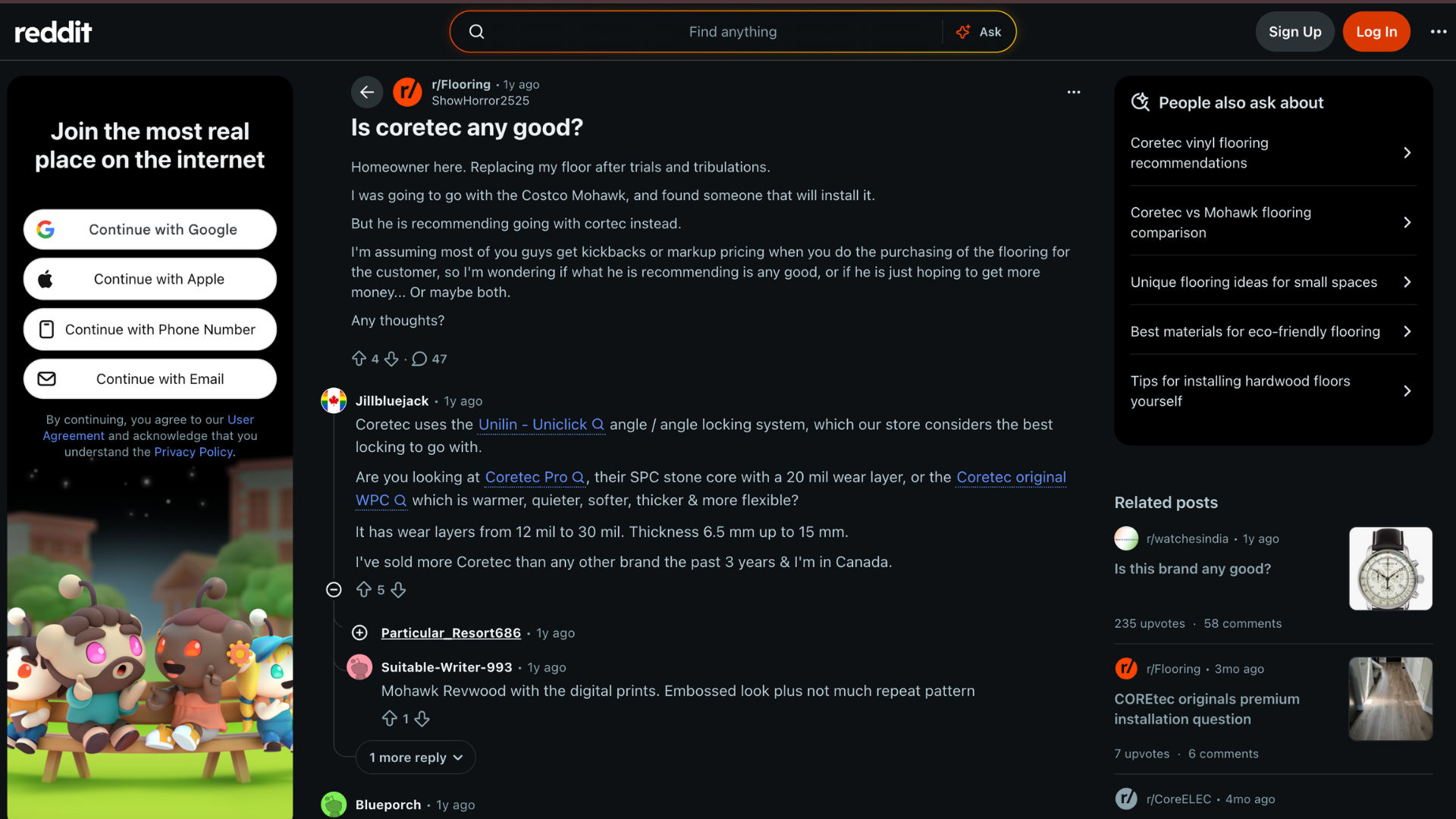 reddit dark mode page showing flooring subreddit post asking is coretec any good with comments and login sidebar options