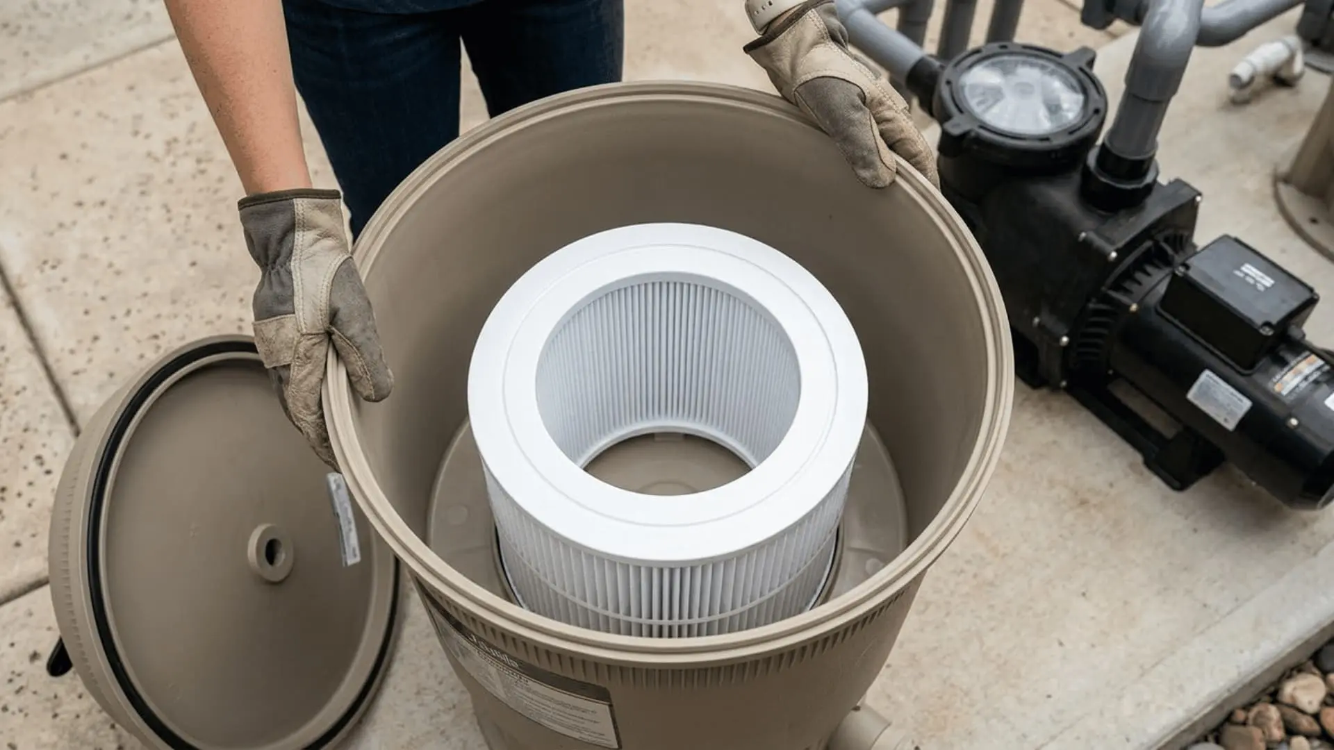a person lowers a clean cylindrical cartridge into an open pool filter housing beside the pump system