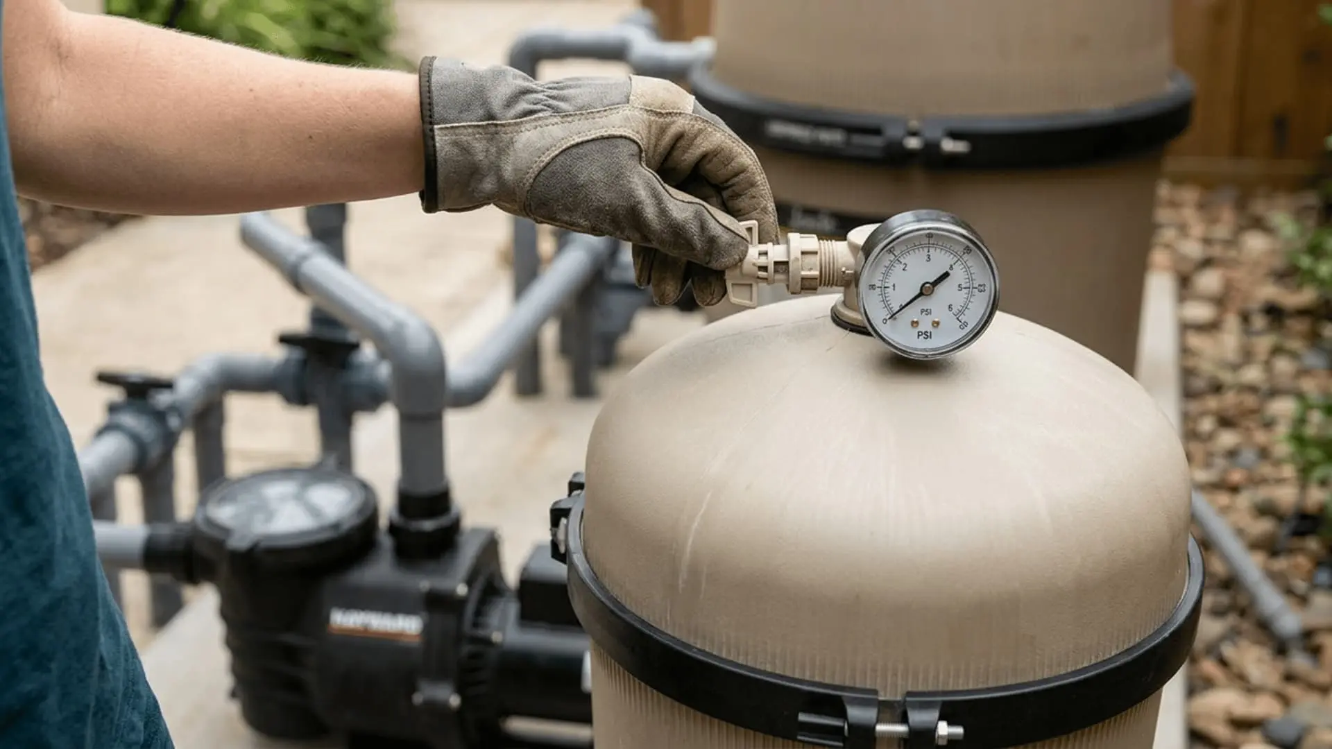 a gloved hand checks the pressure gauge mounted on top of a large pool filter tank beside the pump