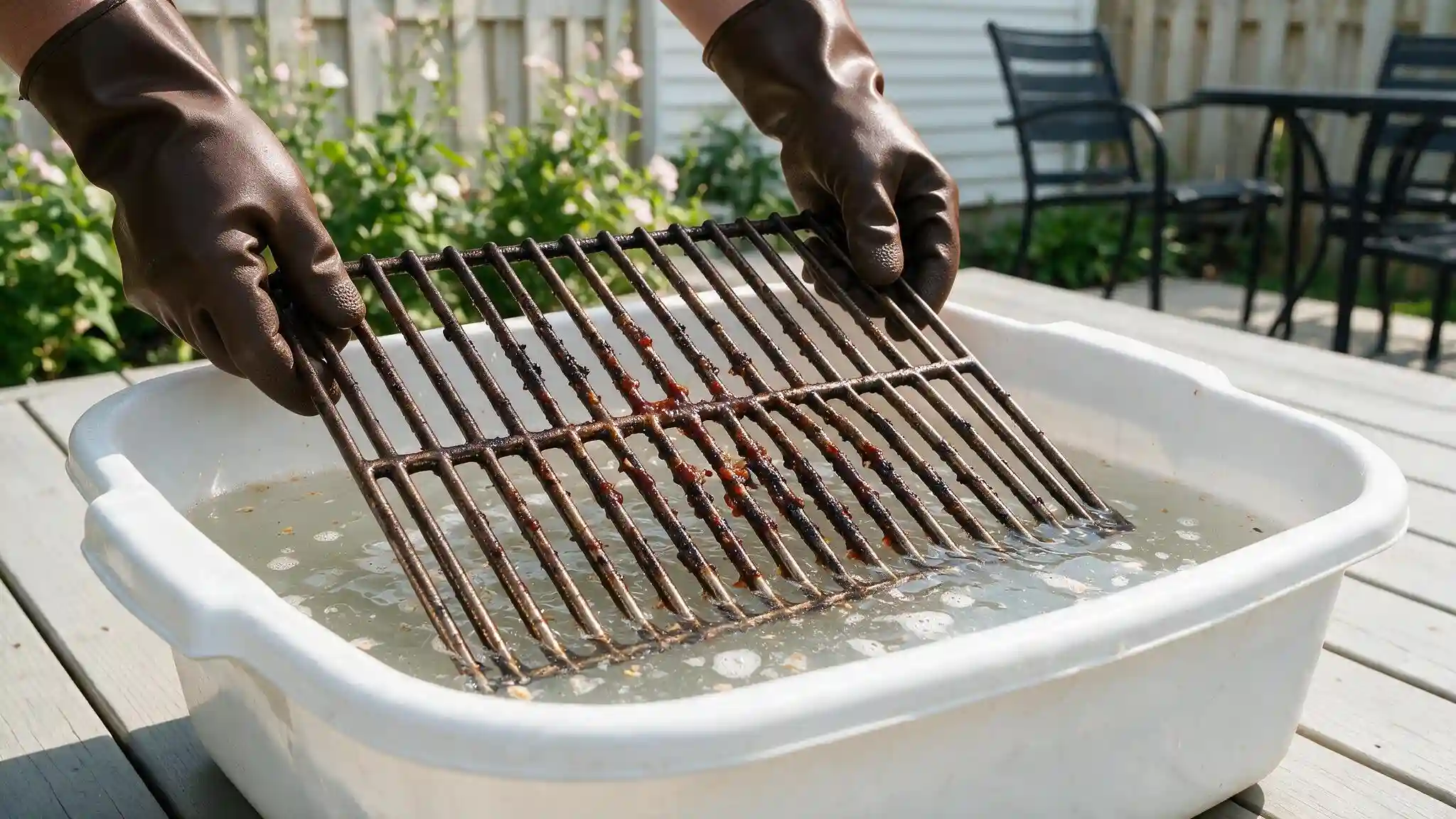 grill grates soaking in warm soapy water inside a shallow utility tub to loosen heavy buildup
