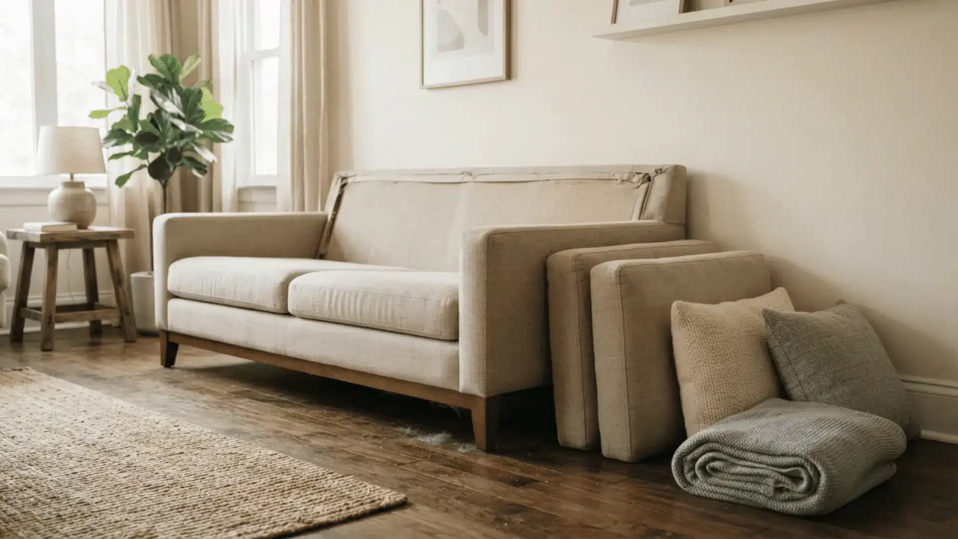 a beige sofa with back and seat cushions removed and stacked beside folded blankets in a bright living room
