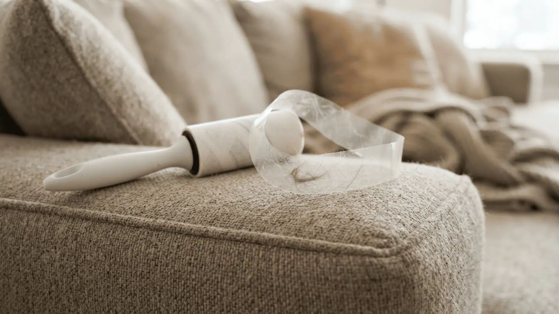 lint roller with a used adhesive sheet and strands of pet hair rests on a beige sofa arm in a softly lit living room