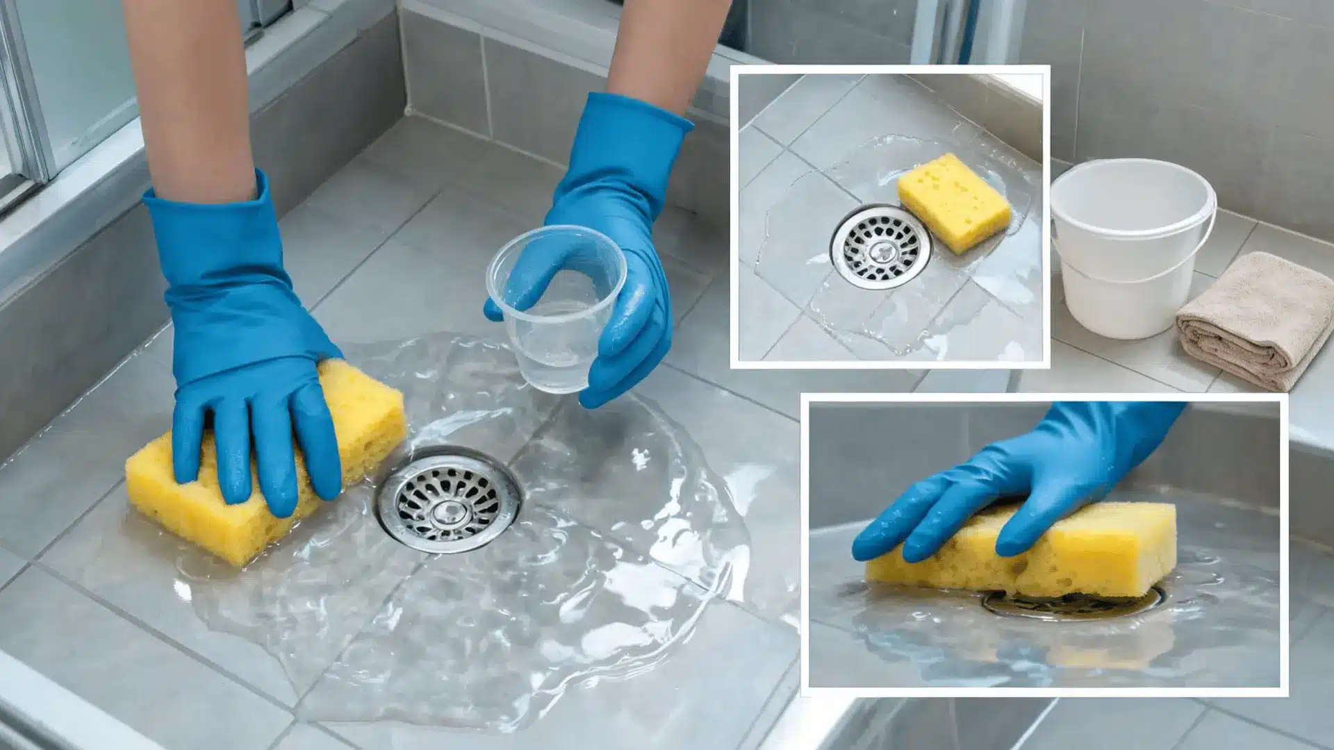 gloved hands removing standing water near a blocked shower drain with a sponge