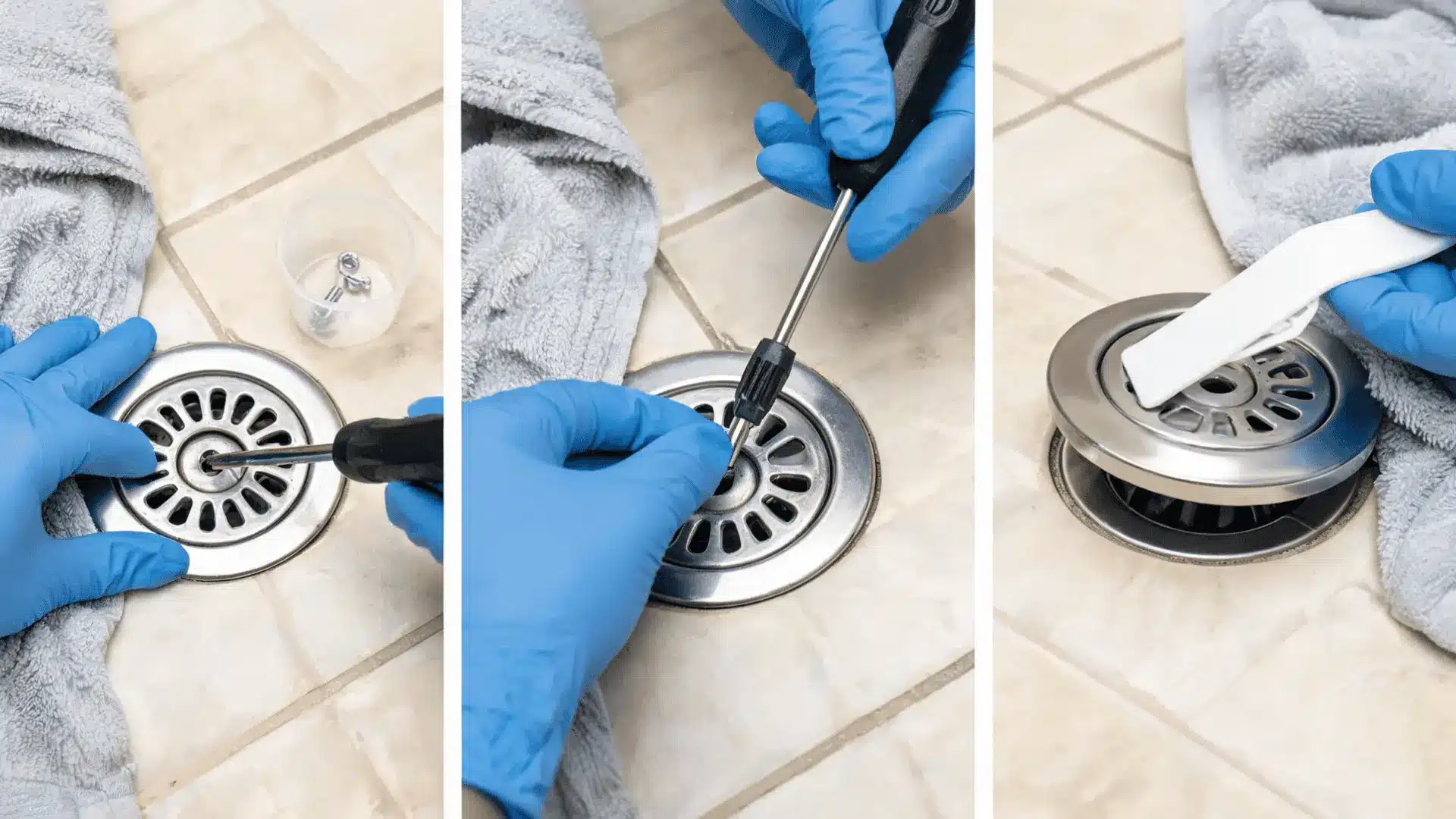 gloved hands carefully removing a metal shower drain cover from tiled flooring