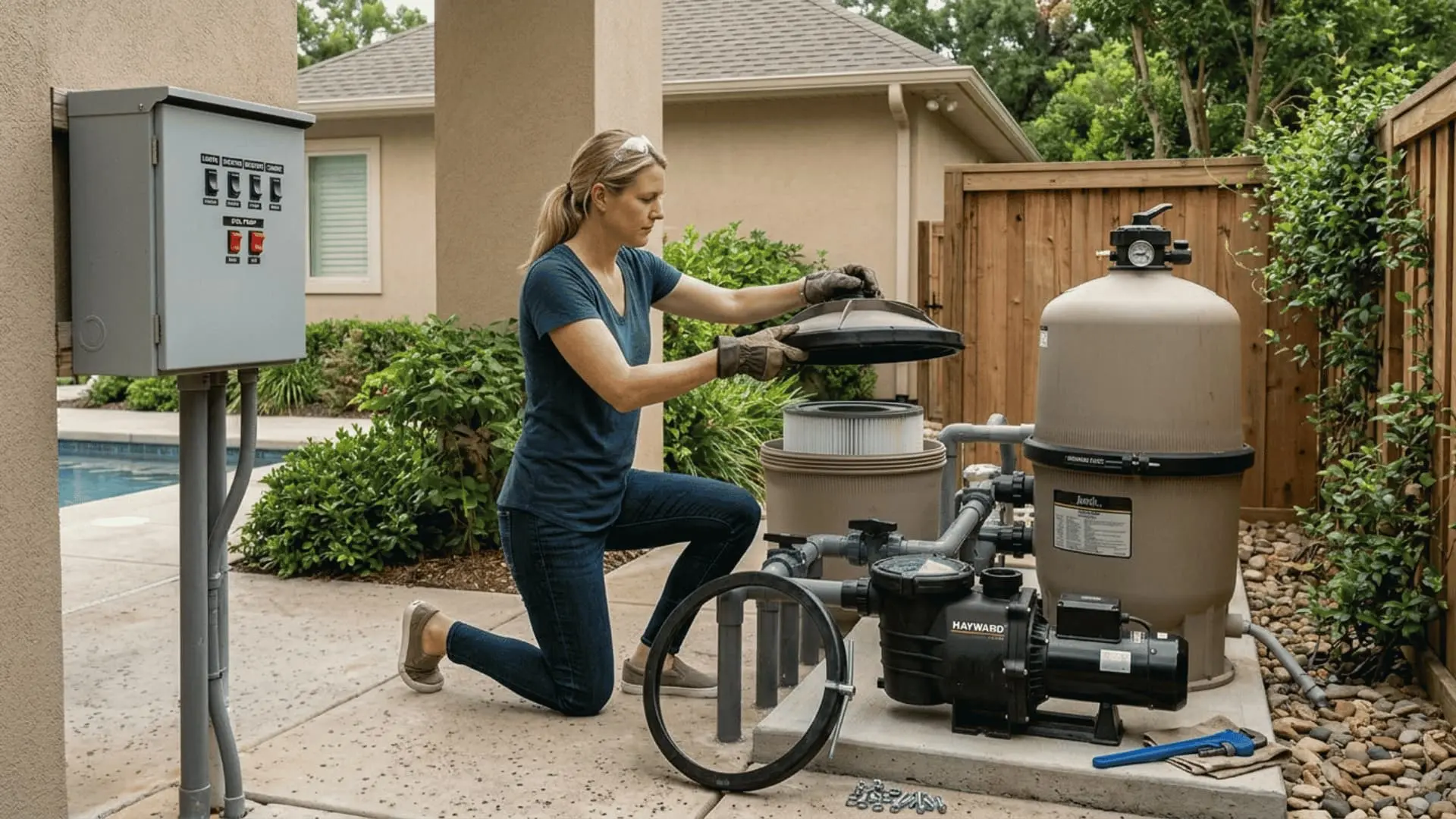 a woman kneels beside pool equipment while removing the lid from a cylindrical cartridge filter housing