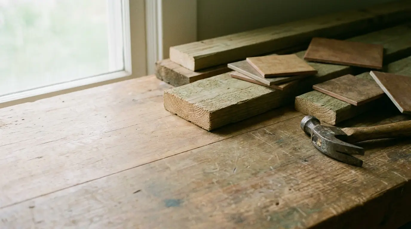 Planks and tiles on wooden workbench with hammer near window
