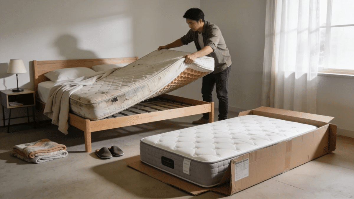worn mattress being lifted off a bed frame while a new supportive mattress is prepared for replacement