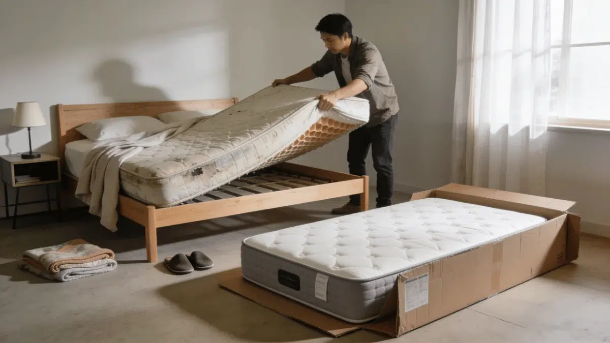 worn mattress being lifted off a bed frame while a new supportive mattress is prepared for replacement